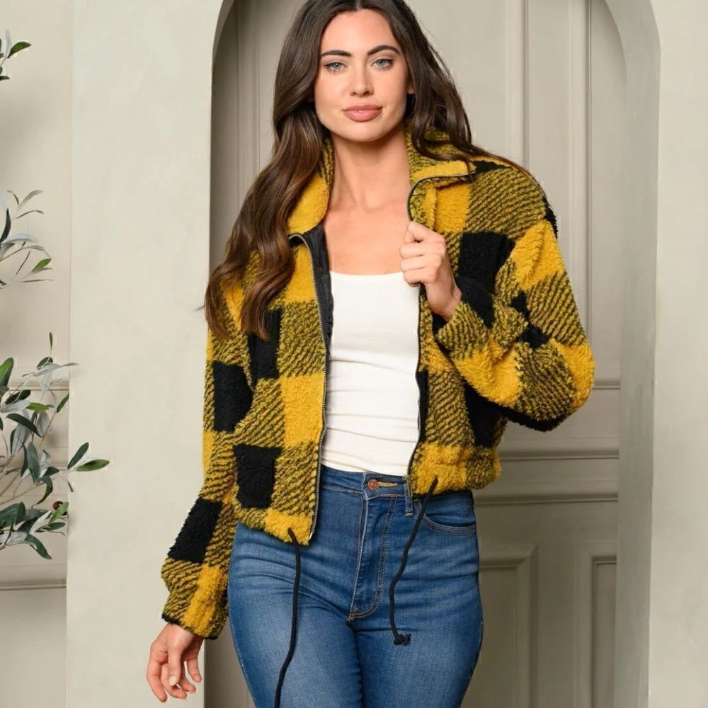 NEW! Cute Women's Long Sleeve Fuzzy Zip Up Mustard Plaid Crop Bomber Jacket